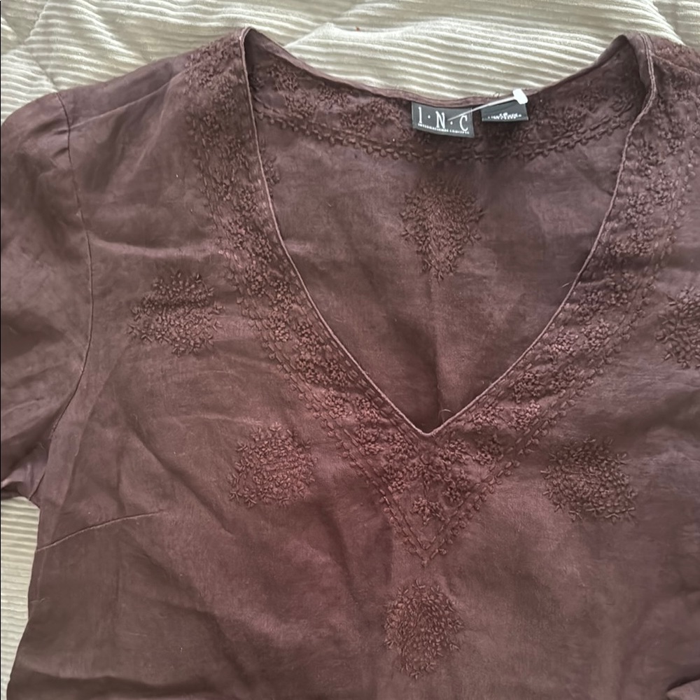 INC Brown Vneck Linen Tunic with Embroidered Detail